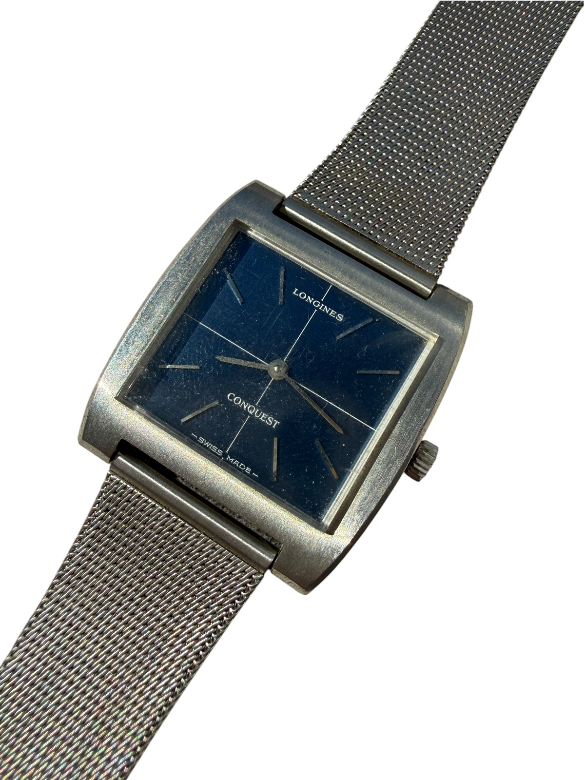 Montre vintage vinqo.store Longines Conquest carrée avec cadran bleu marine brossé et bracelet en maille milanaise