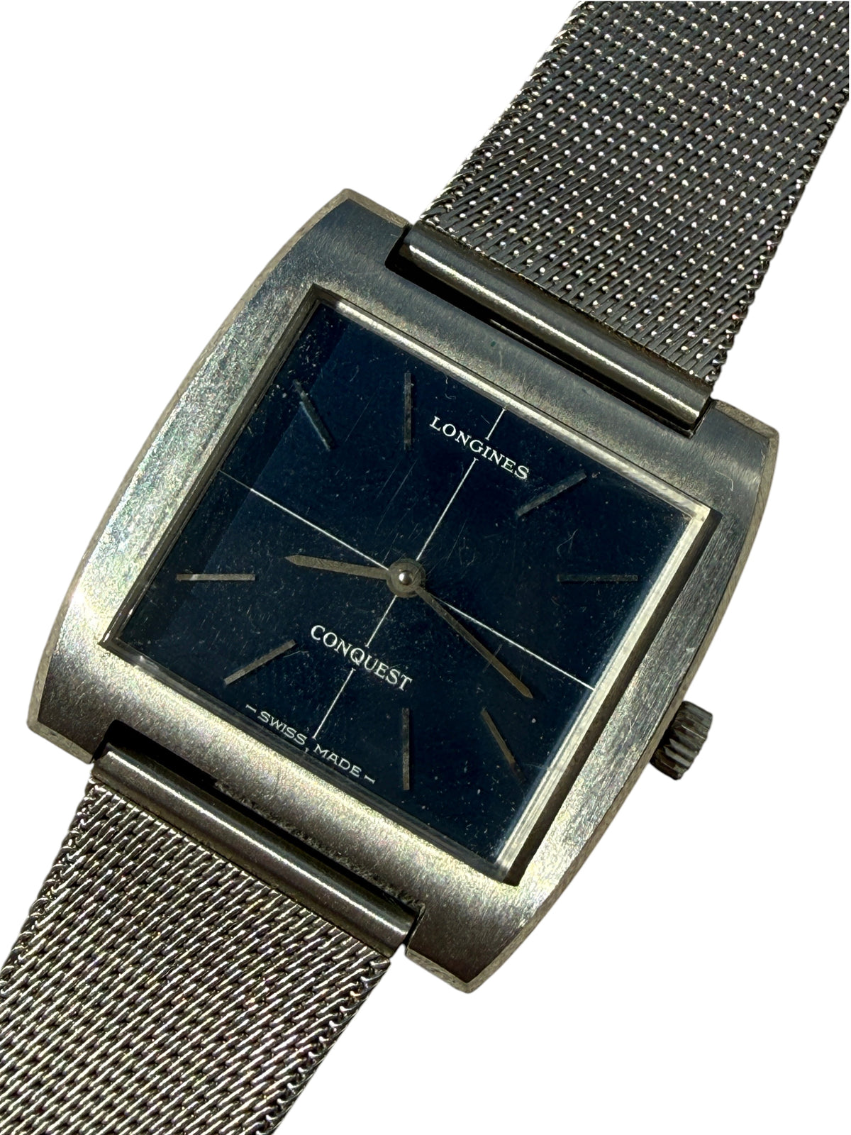 Montre vintage vinqo.store Longines Conquest 1975 avec cadran bleu marine crosshair et bracelet en maille milanaise