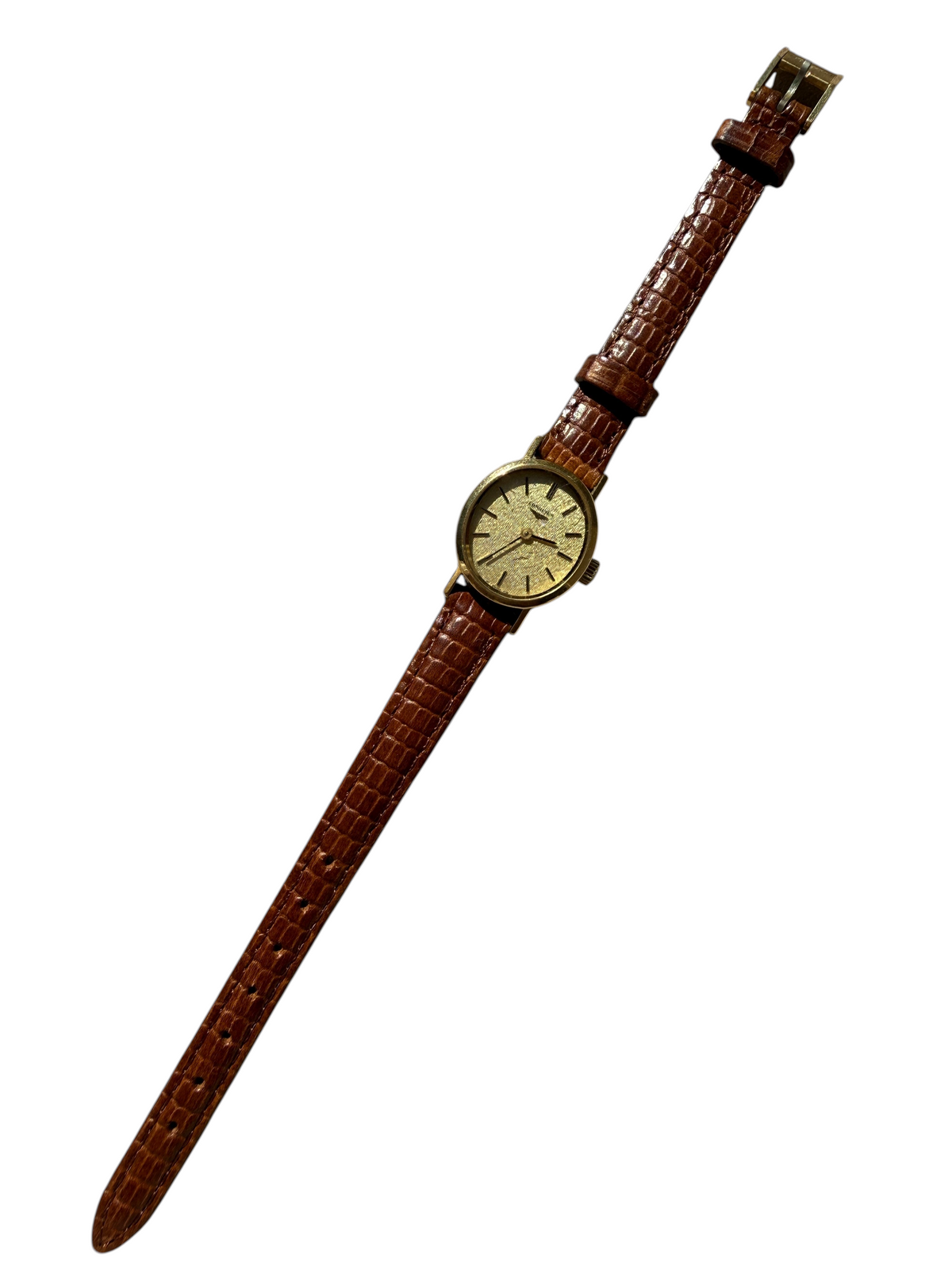 Montre femme vintage vinqo.store plaquée or avec cadran texturé et bracelet en cuir marron façon crocodile