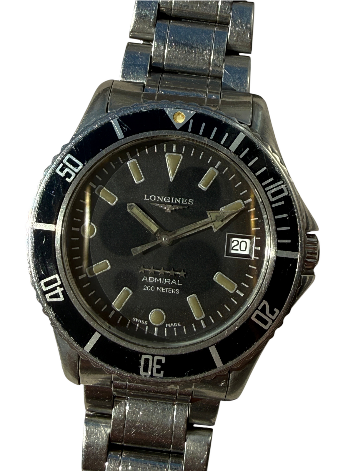 Montre de plongée vinqo.store Longines Admiral 200m vintage en acier inoxydable avec cadran noir et lunette tournante