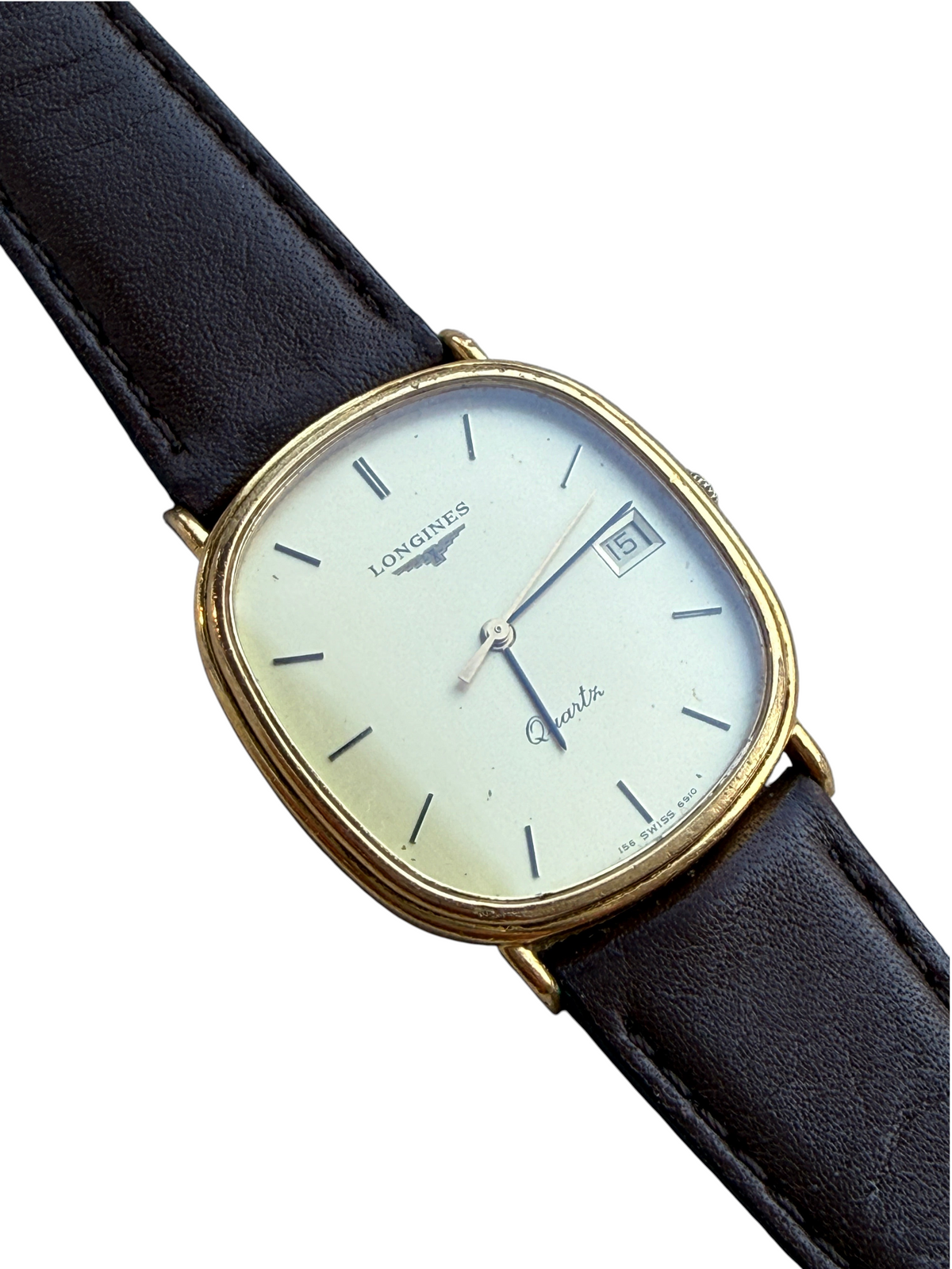 Montre vintage vinqo.store Longines Tonneau à quartz avec boîtier plaqué or et bracelet en cuir marron