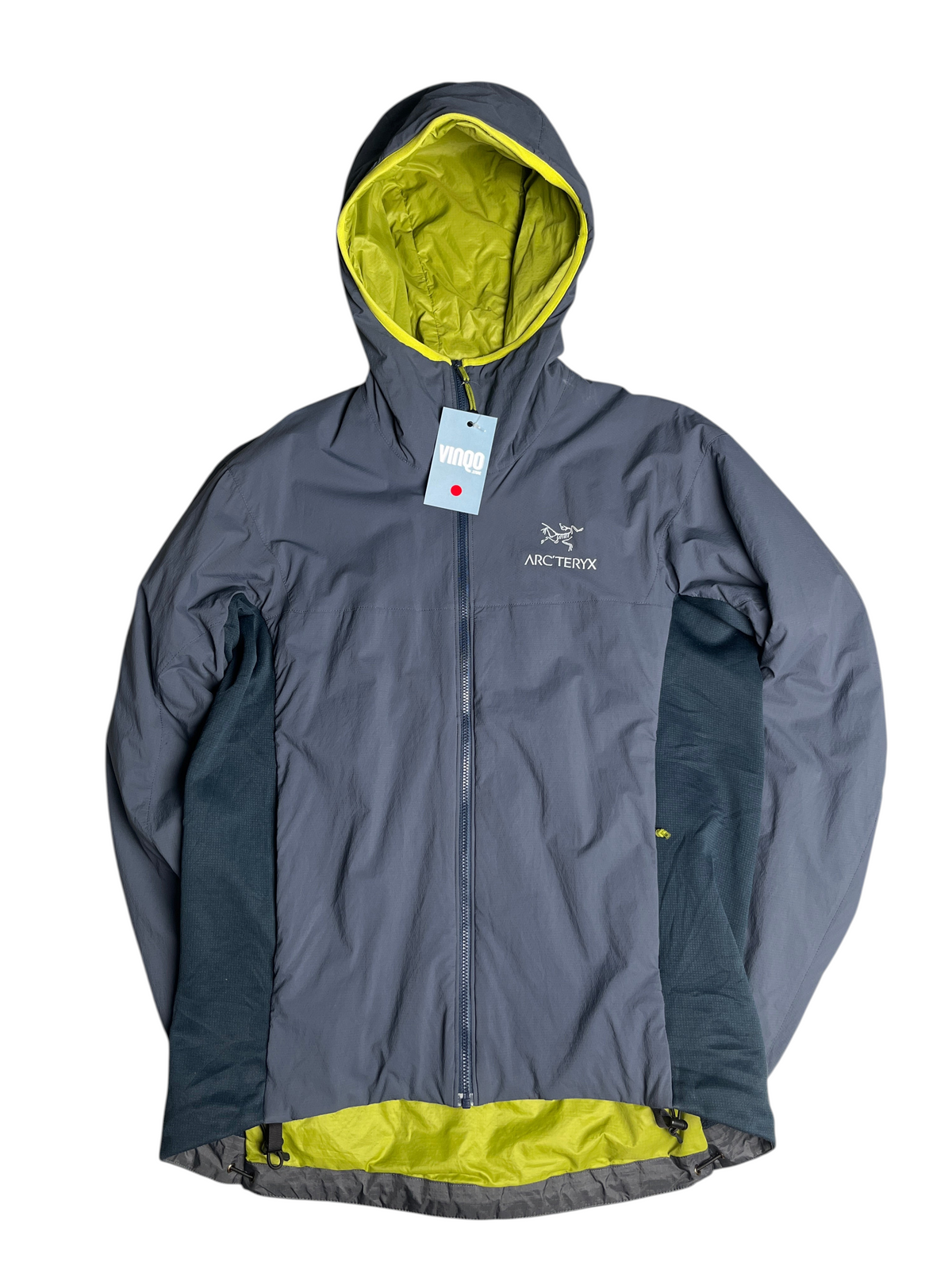 Veste technique Arc'teryx Atom LT vinqo.store grise avec doublure intérieure et détails vert citron, taille S
