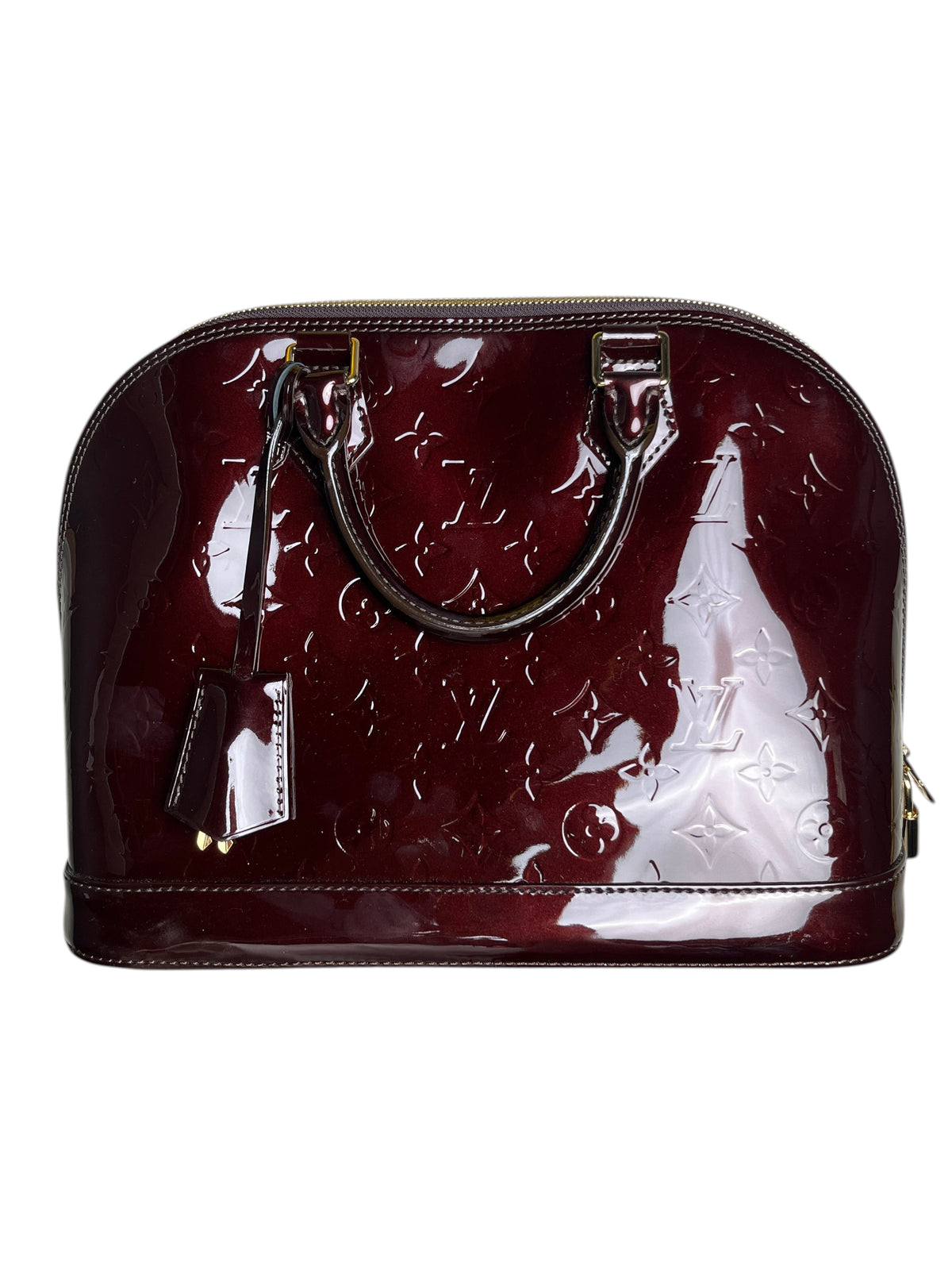 Sac à main Louis Vuitton Alma PM en cuir verni violet avec motif monogramme embossé, vendu par vinqo.store