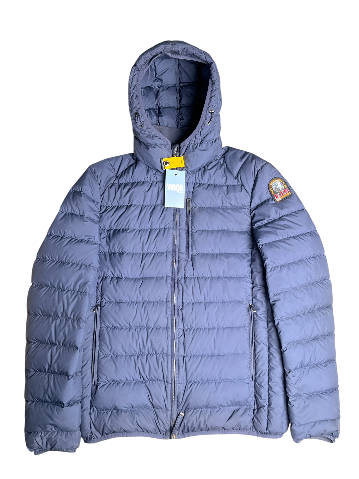 Doudoune vinqo.store Parajumpers bleue à capuche avec fermeture éclair et écusson sur la manche, taille L