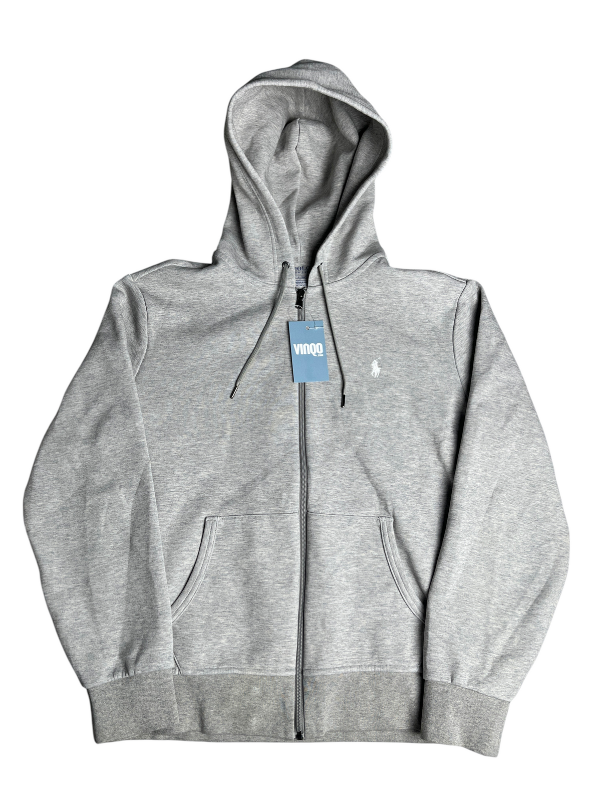 Sweat à capuche zippé gris Ralph Lauren de vinqo.store avec logo brodé et poches kangourou