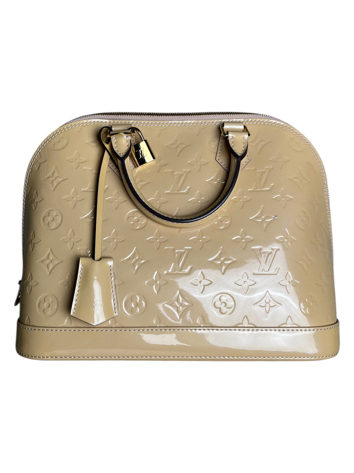 Sac à main Louis Vuitton Alma PM Verni beige en cuir verni monogrammé avec cadenas doré, vendu par vinqo.store