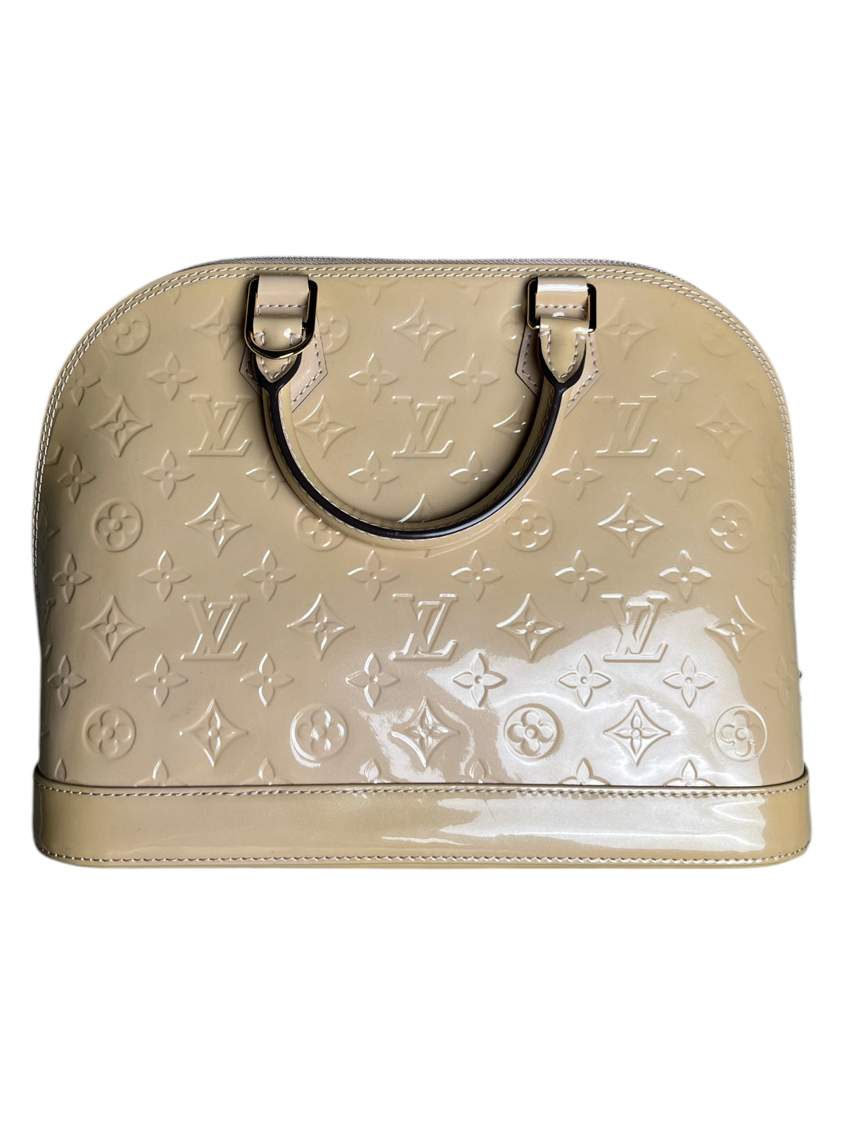 Sac à main Louis Vuitton Alma PM en cuir verni beige avec motif monogramme embossé, vendu par vinqo.store