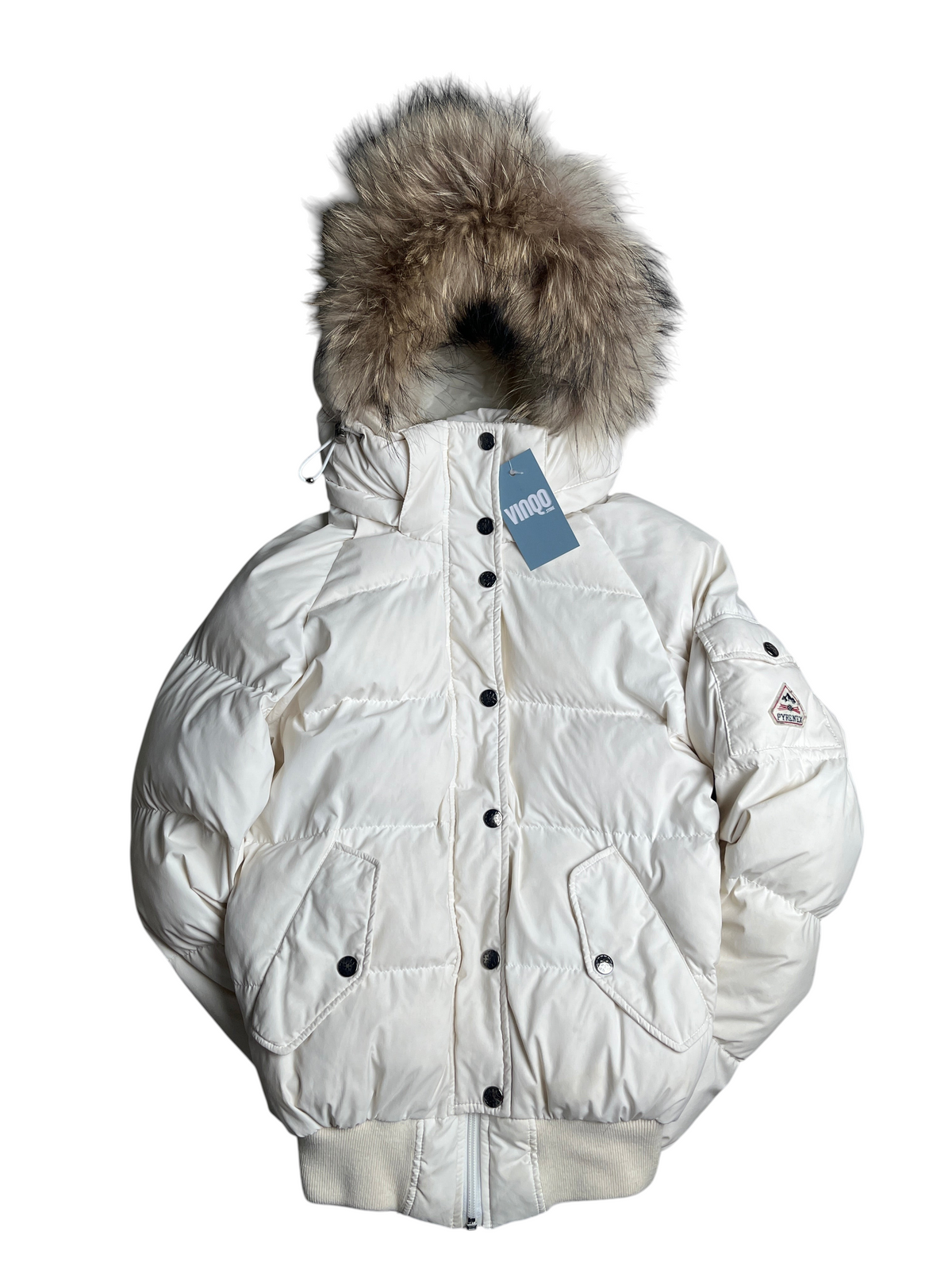 Doudoune femme vinqo.store blanche avec capuche en fourrure, style vintage, fermeture à boutons et logo Pyrenex