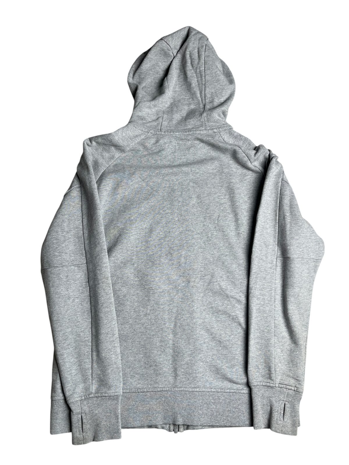 Veste à capuche zippée grise vinqo.store en coton avec manches longues et poignets côtelés, vue arrière.