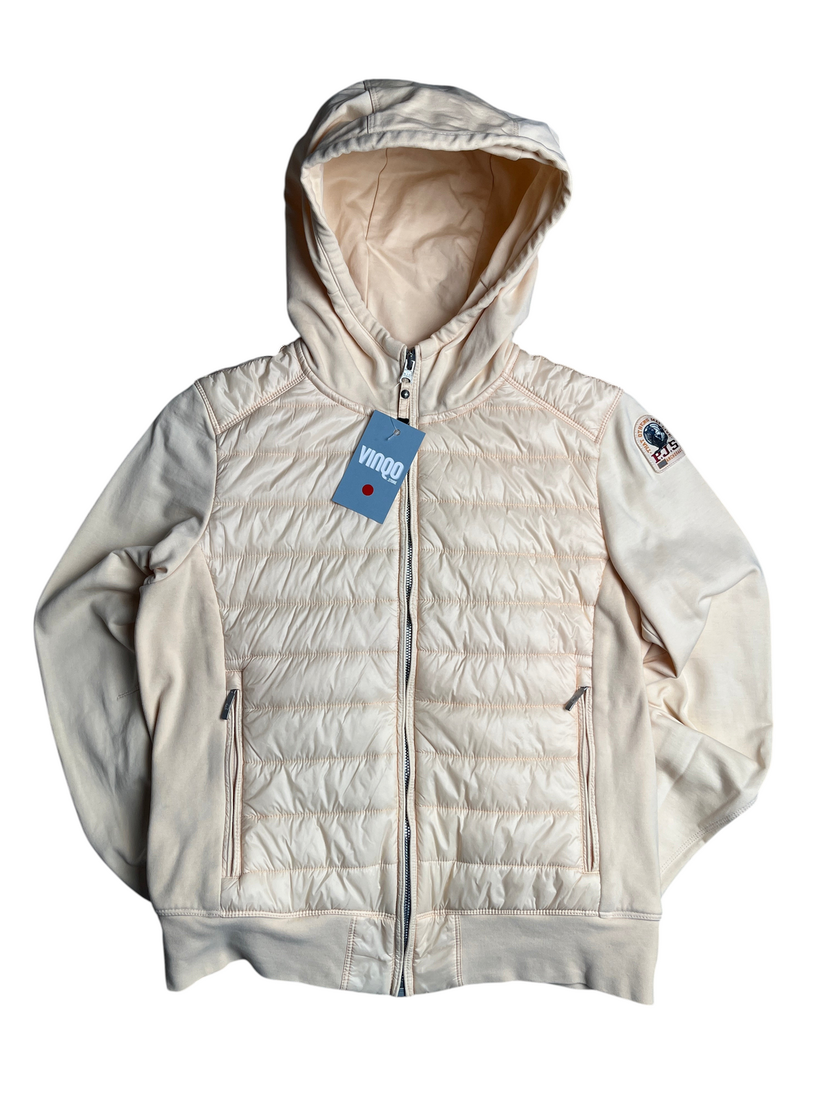 Veste zippée à capuche vinqo.store pour femme en beige avec empiècements matelassés et logo sur la manche