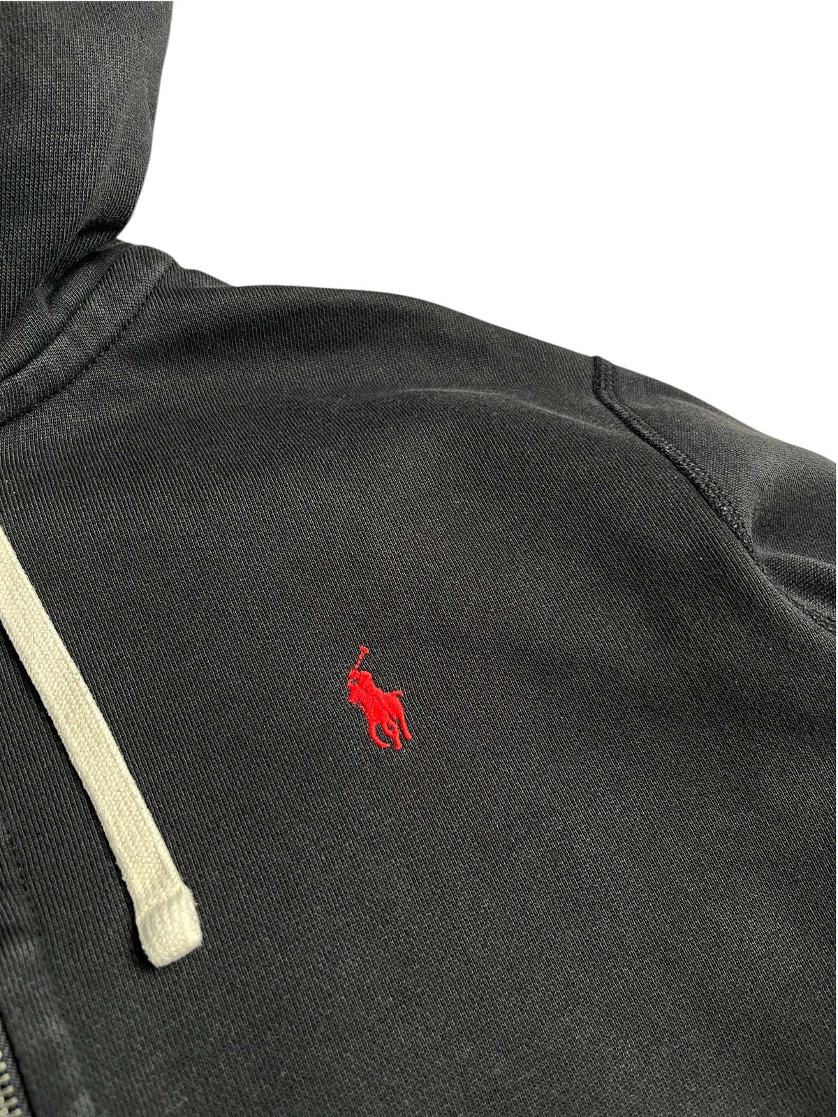 Sweat à capuche noir vinqo.store avec logo Ralph Lauren brodé en rouge et cordon de serrage blanc