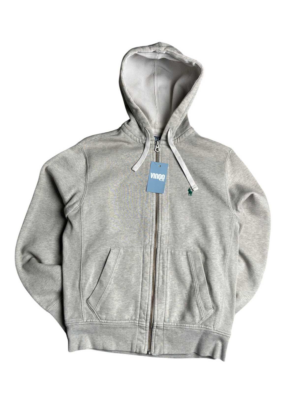Sweat à capuche zippé gris chiné Ralph Lauren avec doublure gaufrée, proposé par vinqo.store