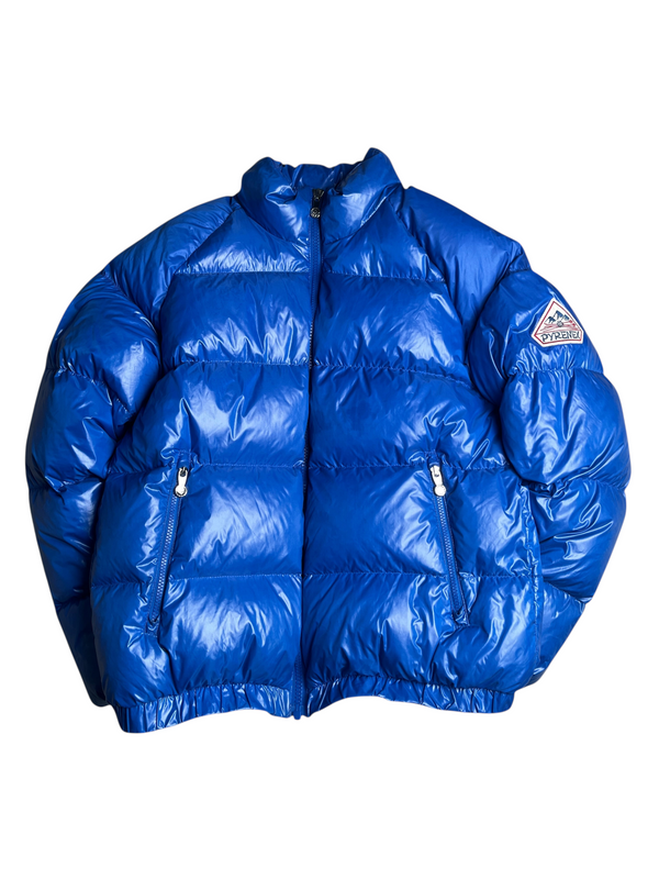 Doudoune vintage vinqo.store Pyrenex bleue brillante avec logo sur la manche, coupe matelassée, taille L