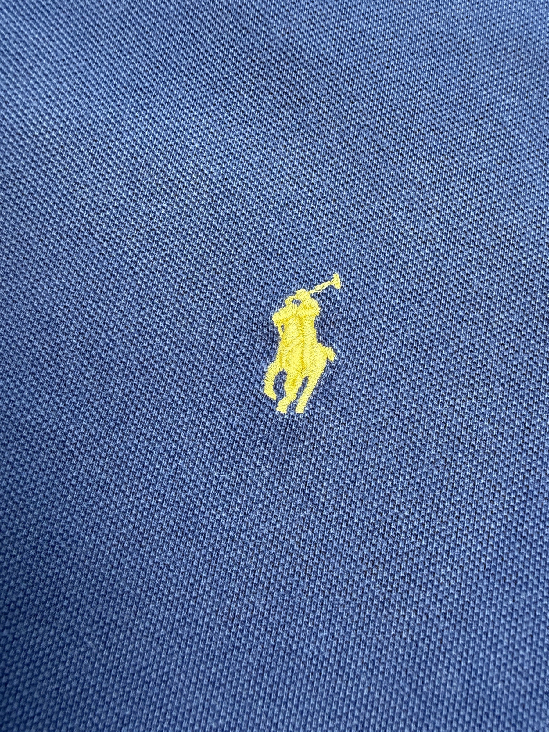 vinqo.store blue cotton polo shirt with yellow embroidered polo player logo on chest, size L.