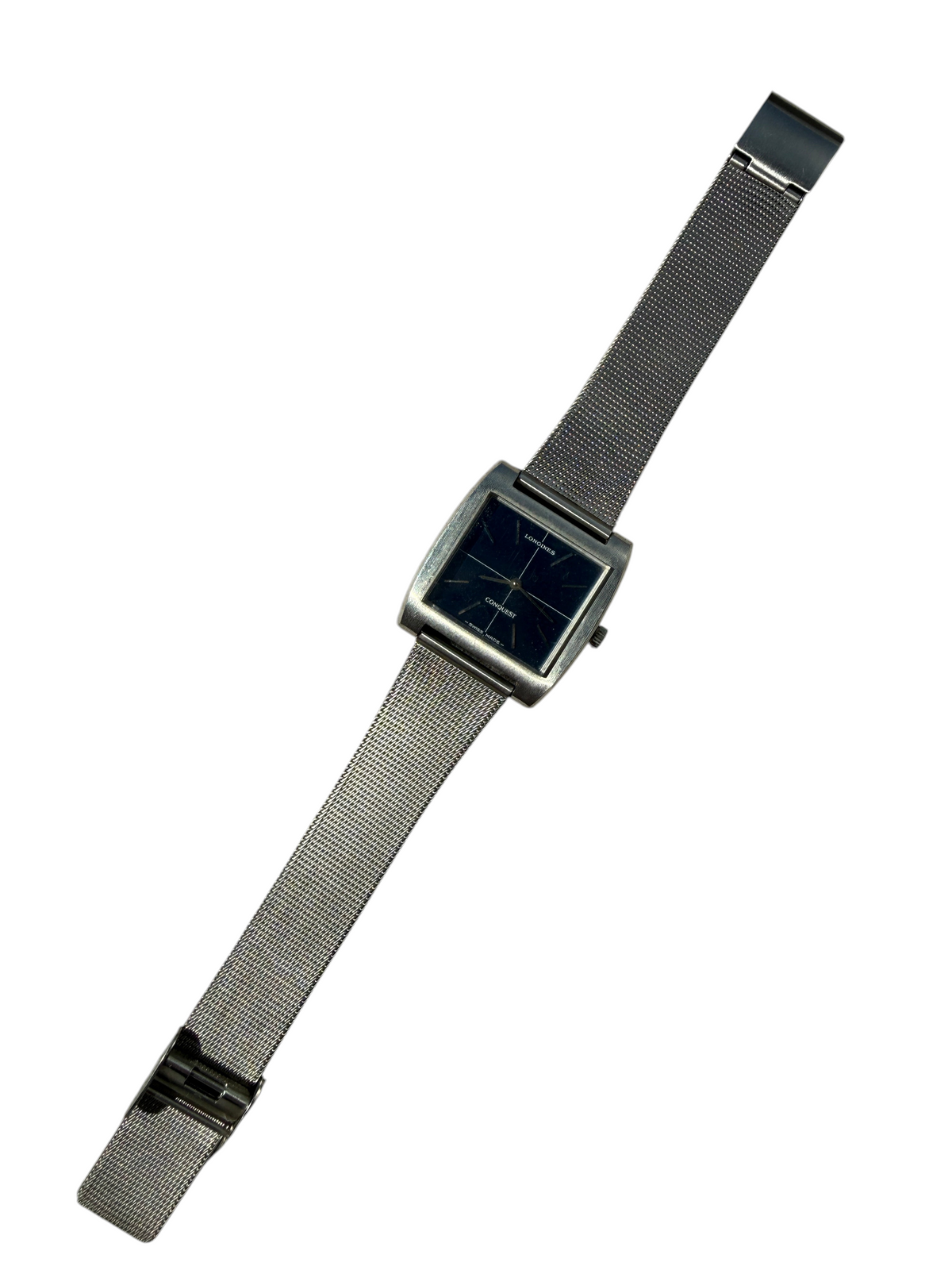 Montre vintage vinqo.store Longines Conquest avec cadran bleu marine crosshair et bracelet en maille milanaise acier