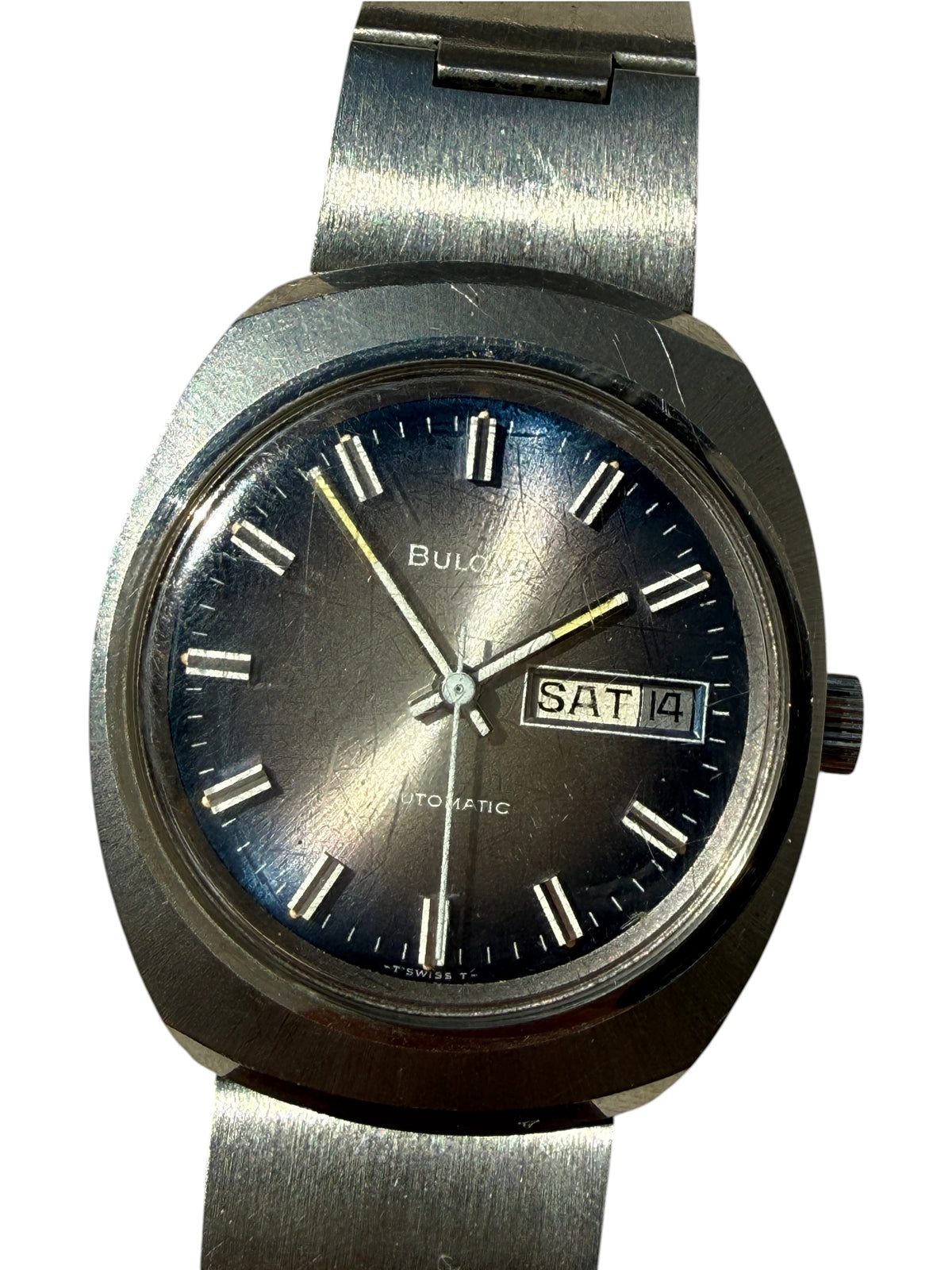 Montre vintage vinqo.store Bulova automatique avec cadran dégradé bleu et gris, affichage jour et date, acier brossé
