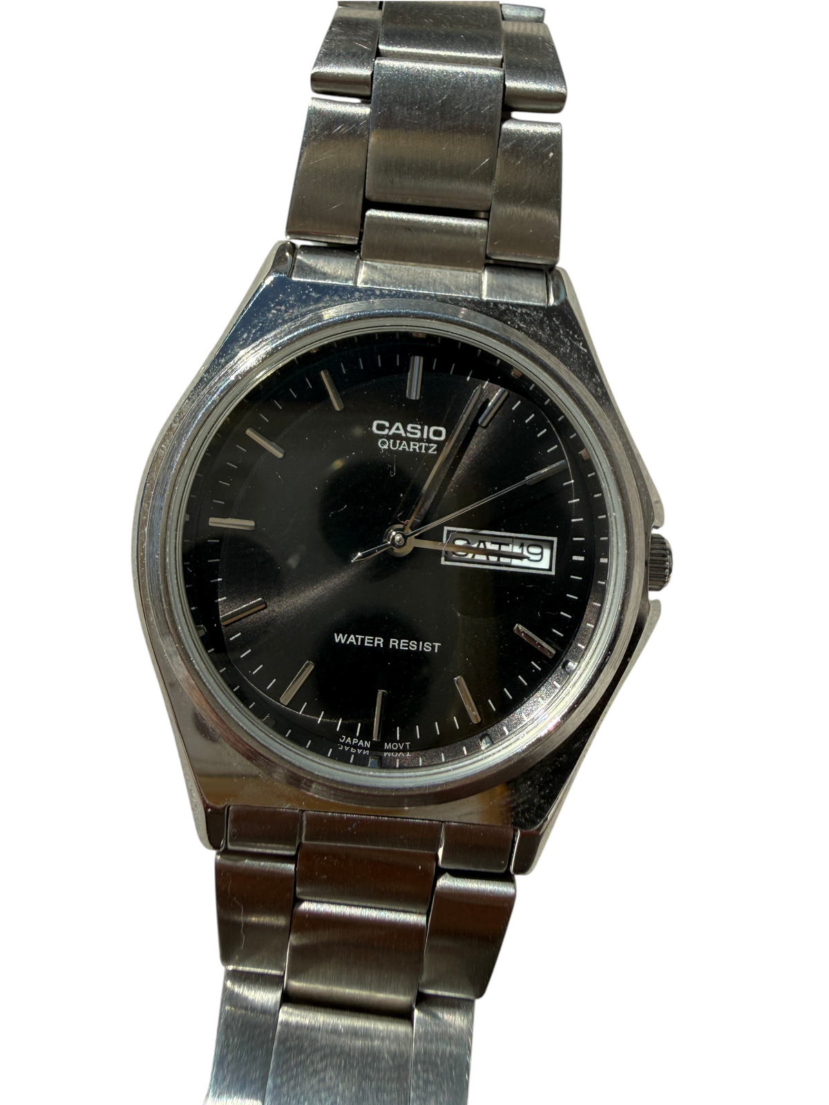 Montre vinqo.store Casio MTP-1240 à quartz avec cadran noir, boîtier et bracelet en acier inoxydable argenté
