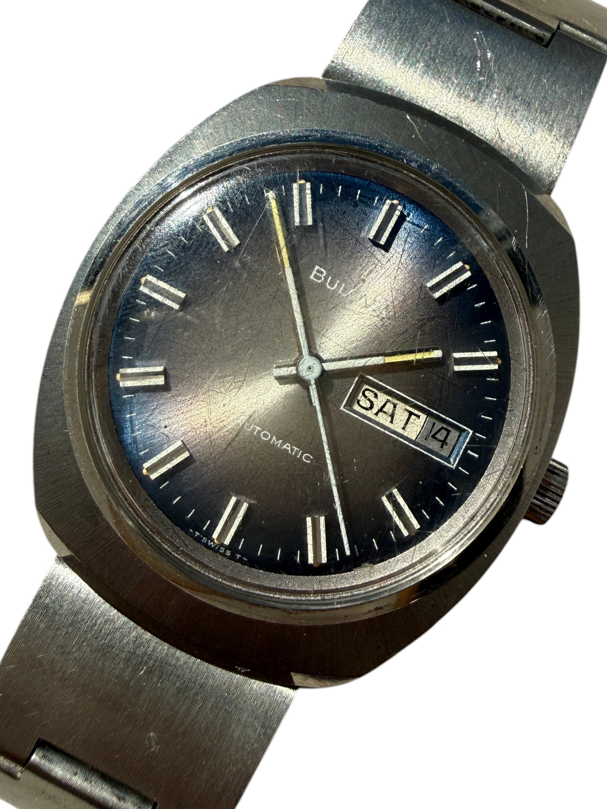 Montre vintage vinqo.store Bulova automatique avec cadran dégradé bleu et gris, bracelet acier et affichage date