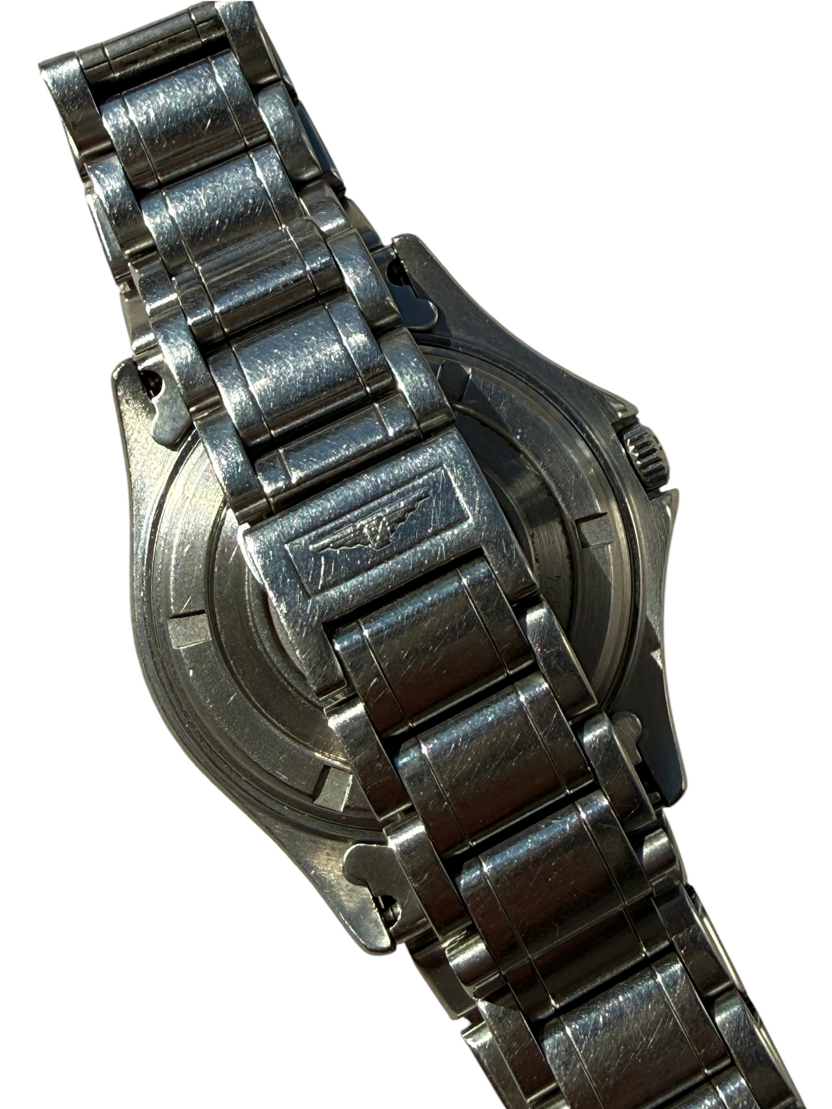 Dos du boîtier et bracelet en acier inoxydable d'une montre de plongée vinqo.store Longines Admiral des années 1990