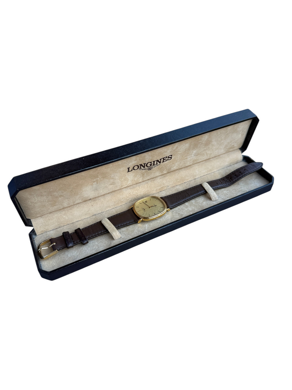 Montre vintage vinqo.store Longines tonneau à quartz avec boîtier plaqué or et bracelet en cuir marron dans sa boîte