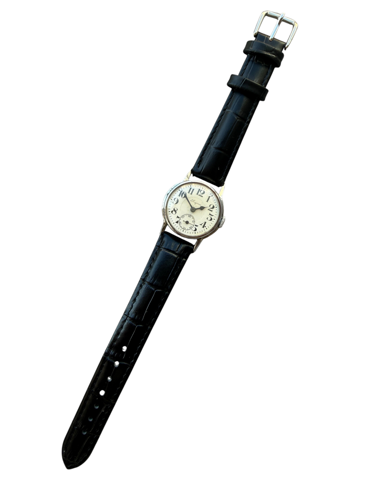 Montre vintage vinqo.store Longines des années 30 avec cadran crème, boîtier chromé et bracelet en cuir noir neuf