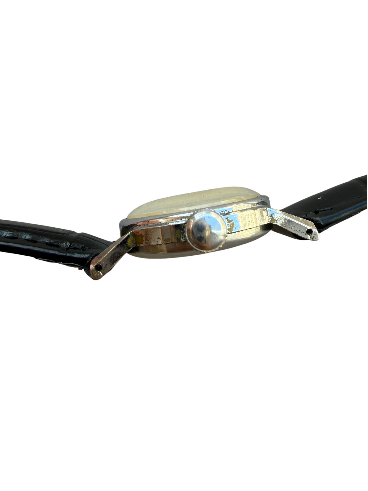 Profil de la montre vintage vinqo.store Longines des années 30 avec boîtier en laiton chromé et bracelet en cuir noir