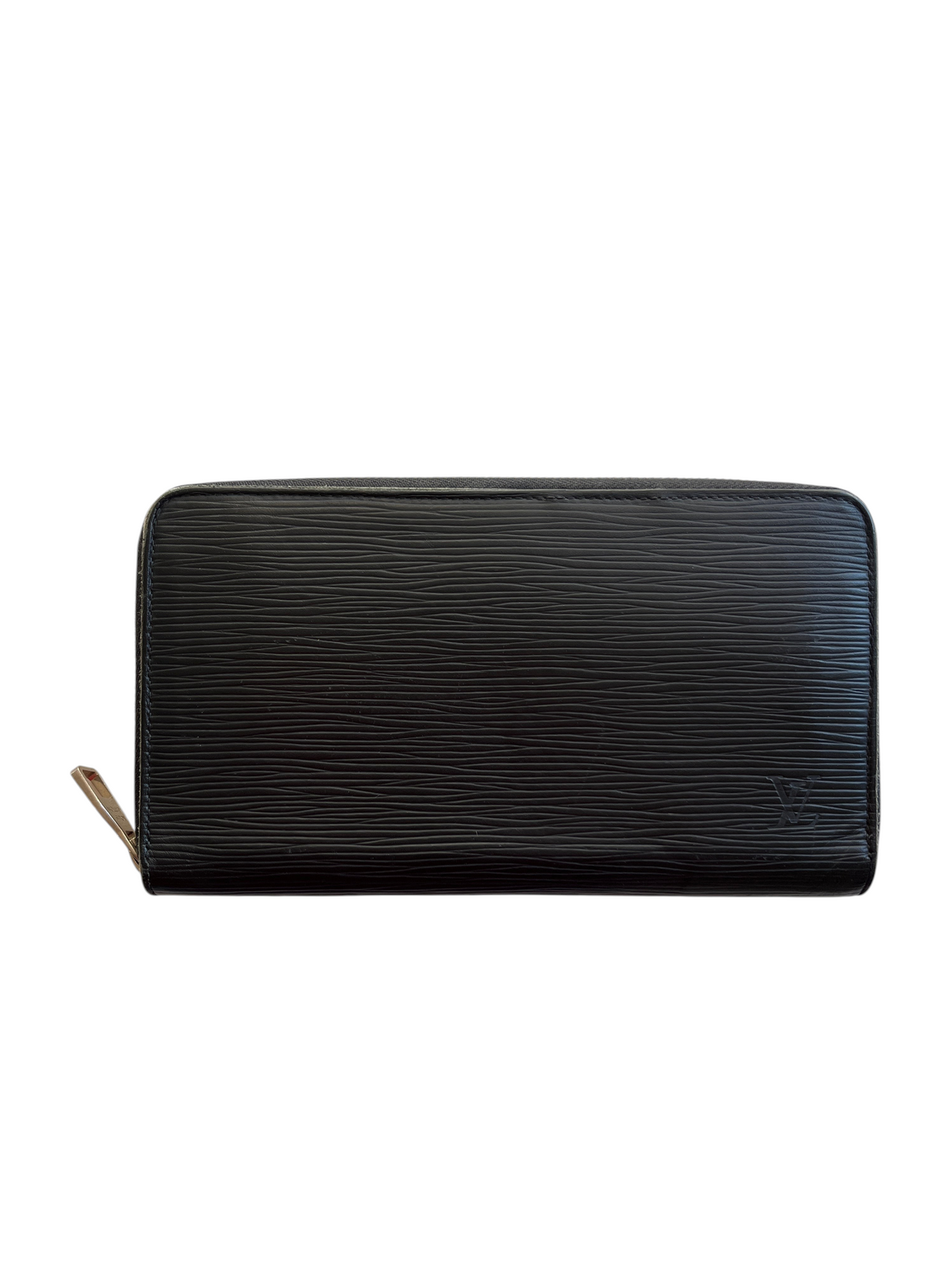 Portefeuille zippé noir Louis Vuitton en cuir épi texturé, proposé par vinqo.store