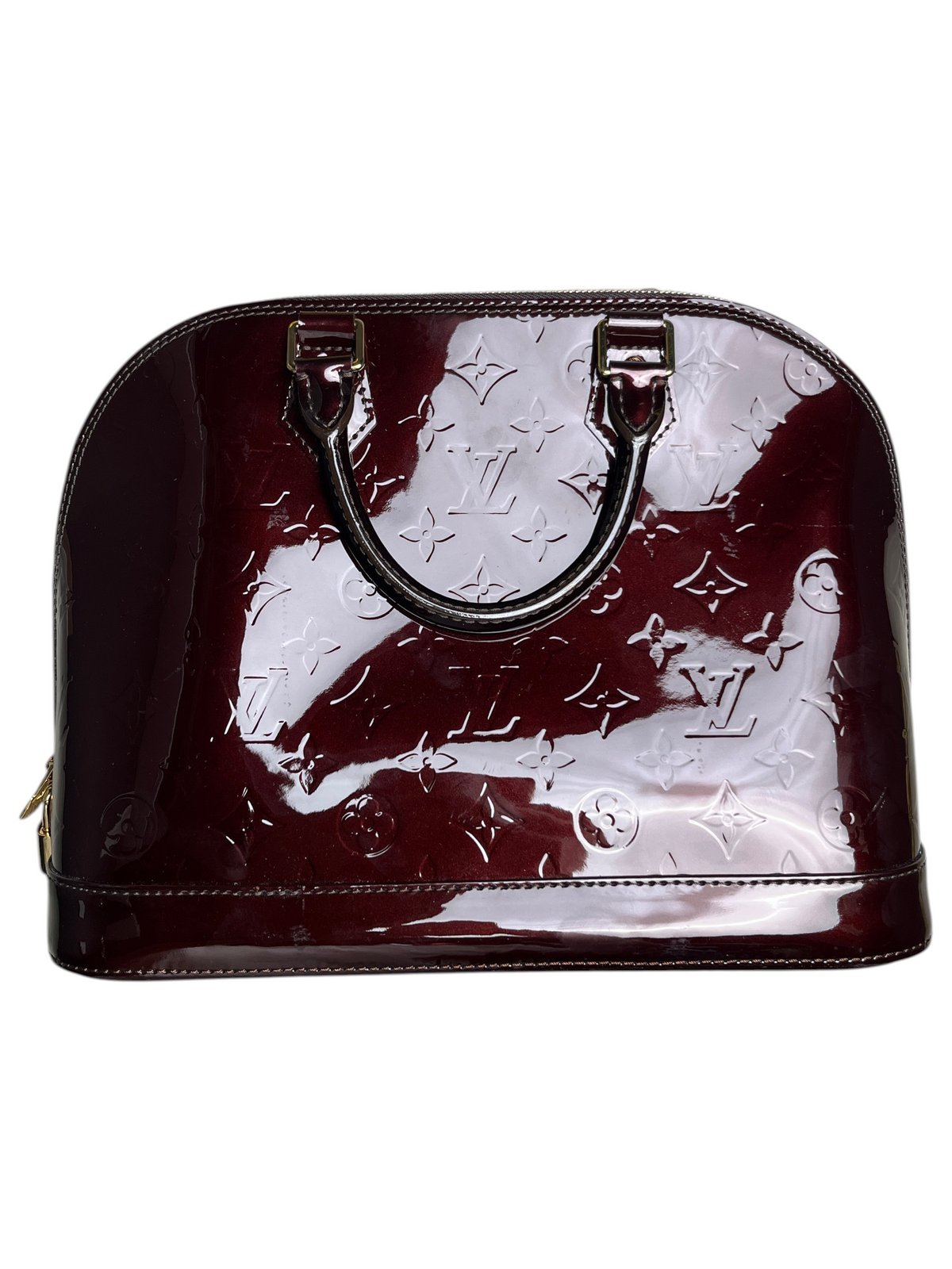 Sac à main Louis Vuitton Alma PM en cuir verni violet avec motif monogramme embossé, proposé par vinqo.store