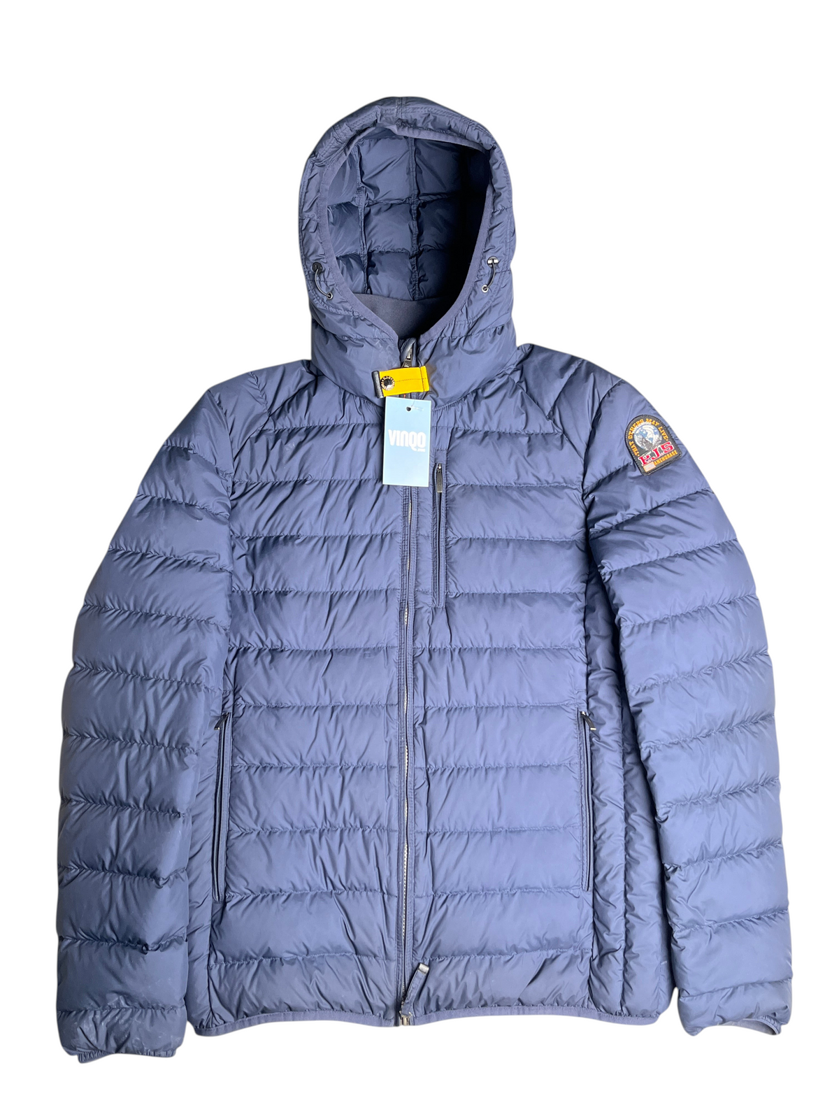 Doudoune vinqo.store Parajumpers bleue à capuche avec fermeture éclair et écusson sur la manche, taille L