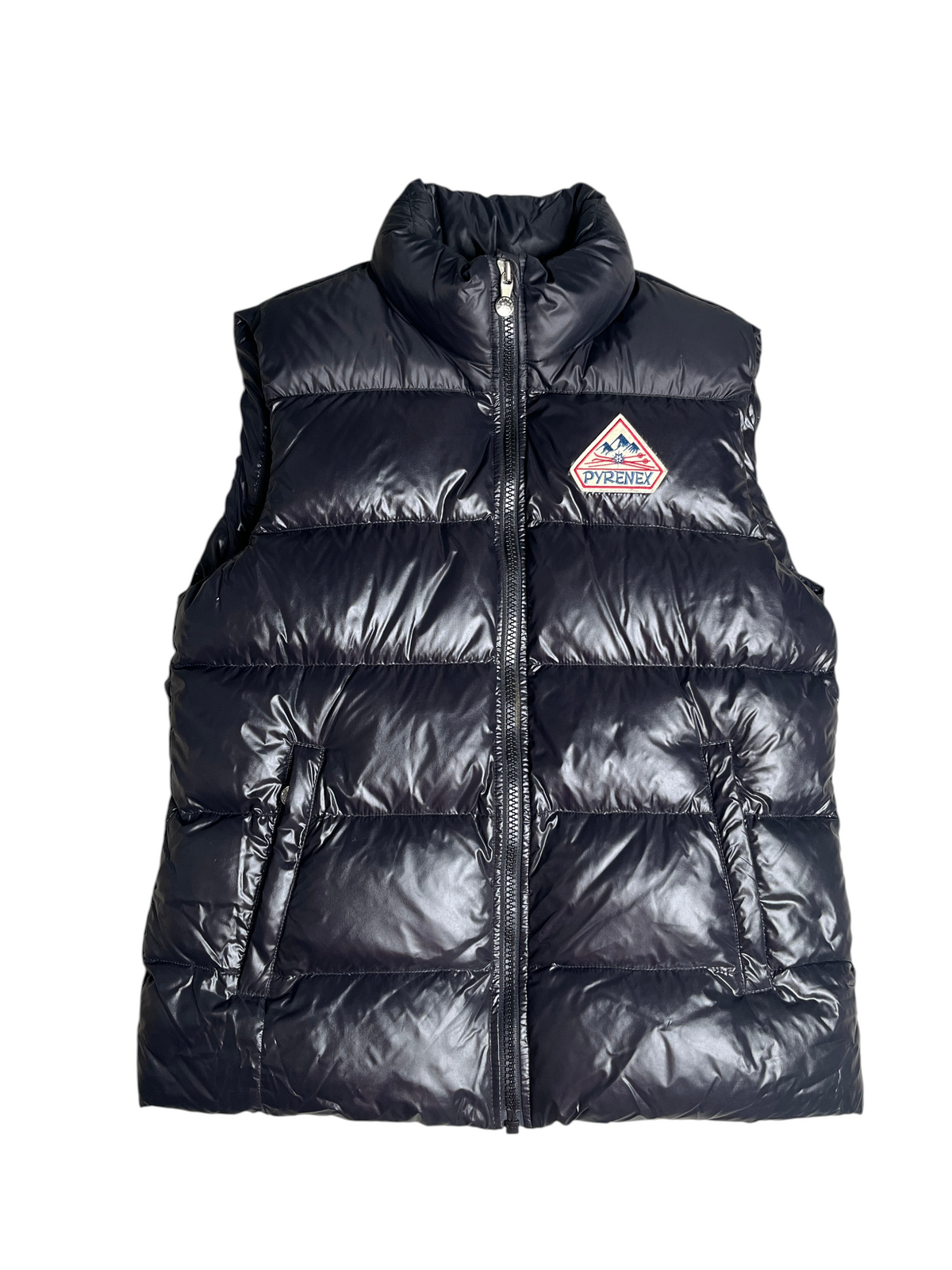 Doudoune sans manches vinqo.store Pyrenex noire brillante avec logo sur la poitrine, taille M