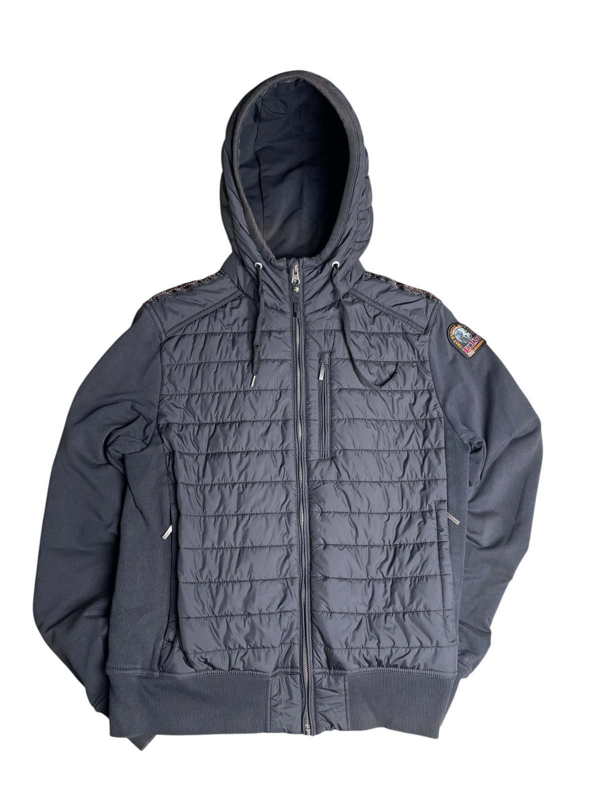 Veste hybride Parajumpers vinqo.store grise avec capuche, panneaux matelassés et fermeture éclair frontale