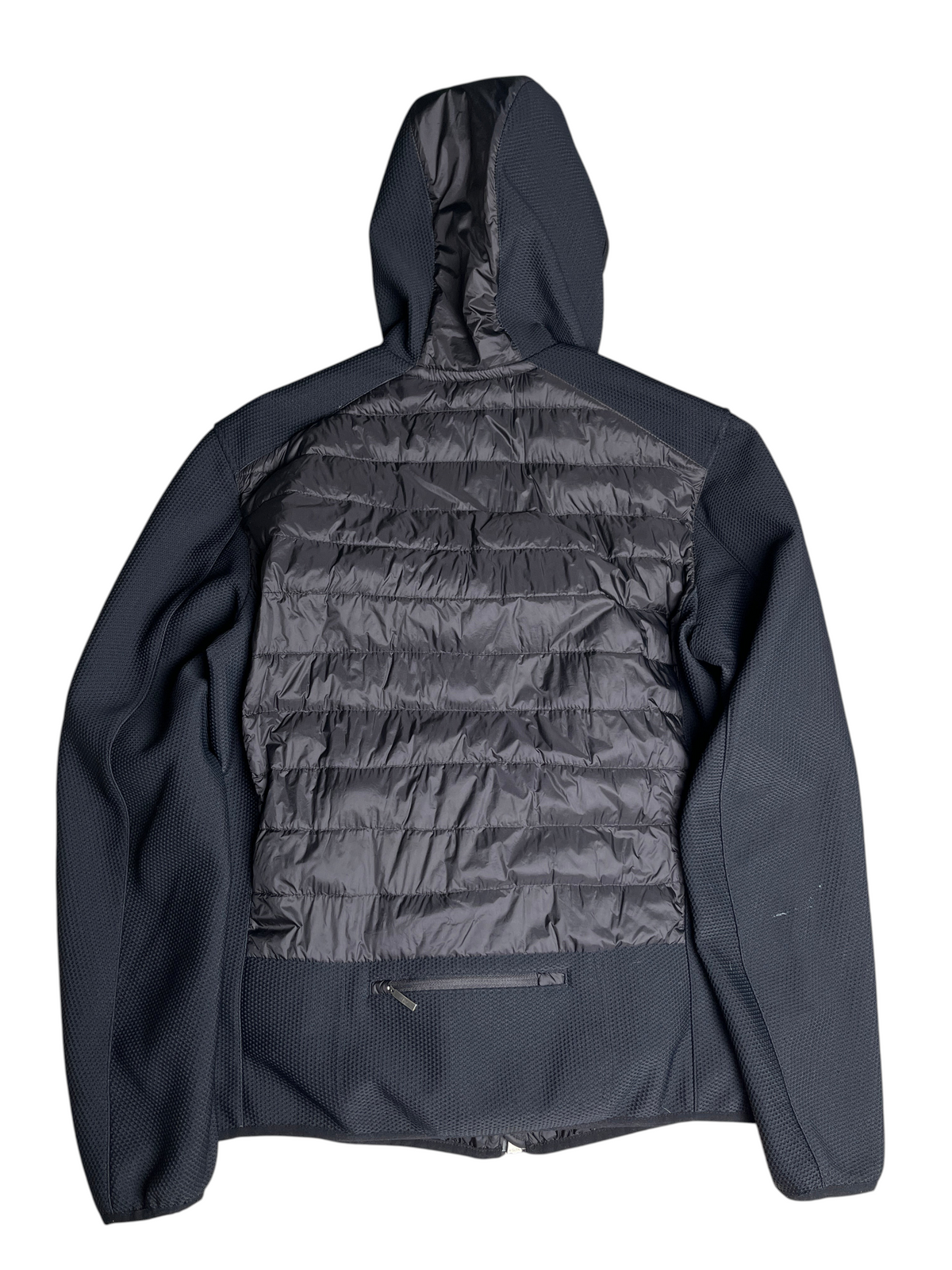 Vue arrière de la veste noire hybride Parajumpers Warmup de vinqo.store avec capuche et panneaux matelassés