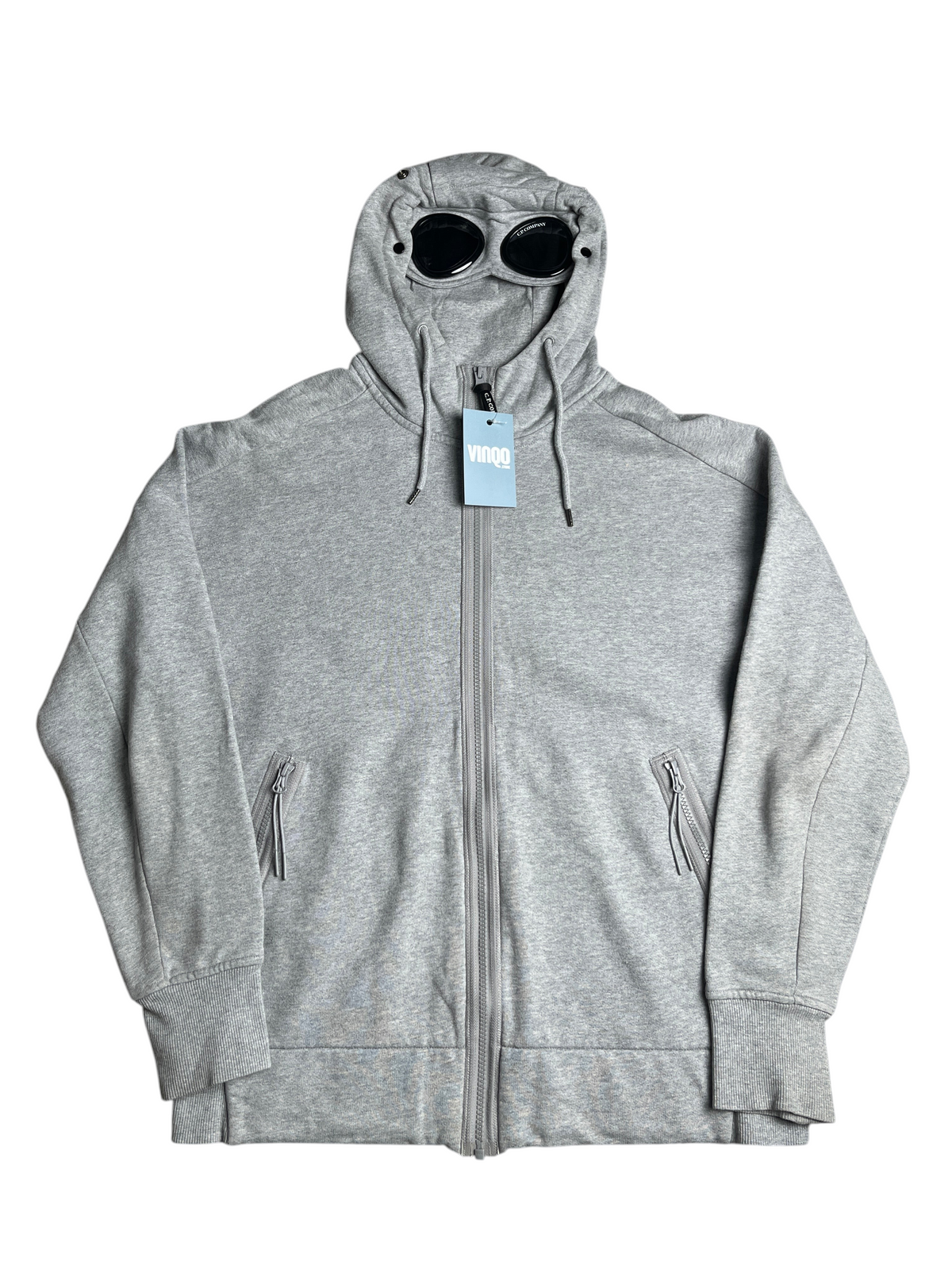 Veste zippée à capuche grise vinqo.store avec lunettes intégrées emblématiques et poches zippées