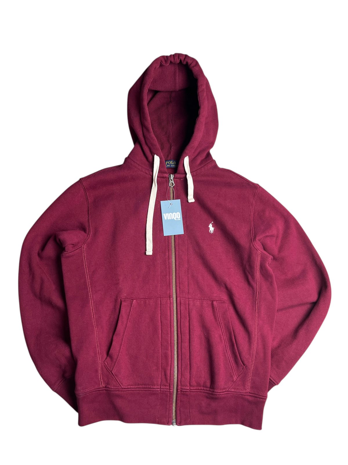 Sweat à capuche zippé bordeaux Ralph Lauren vintage de vinqo.store avec logo brodé blanc et cordons contrastants
