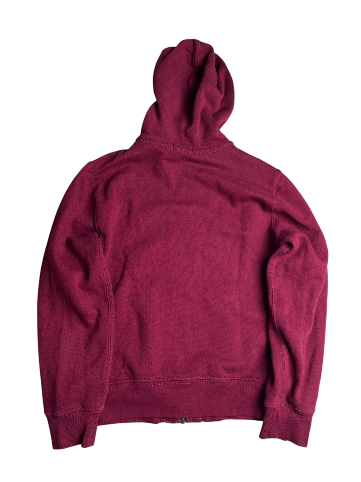 Vue arrière d'un sweat à capuche zippé bordeaux Ralph Lauren vintage disponible chez vinqo.store