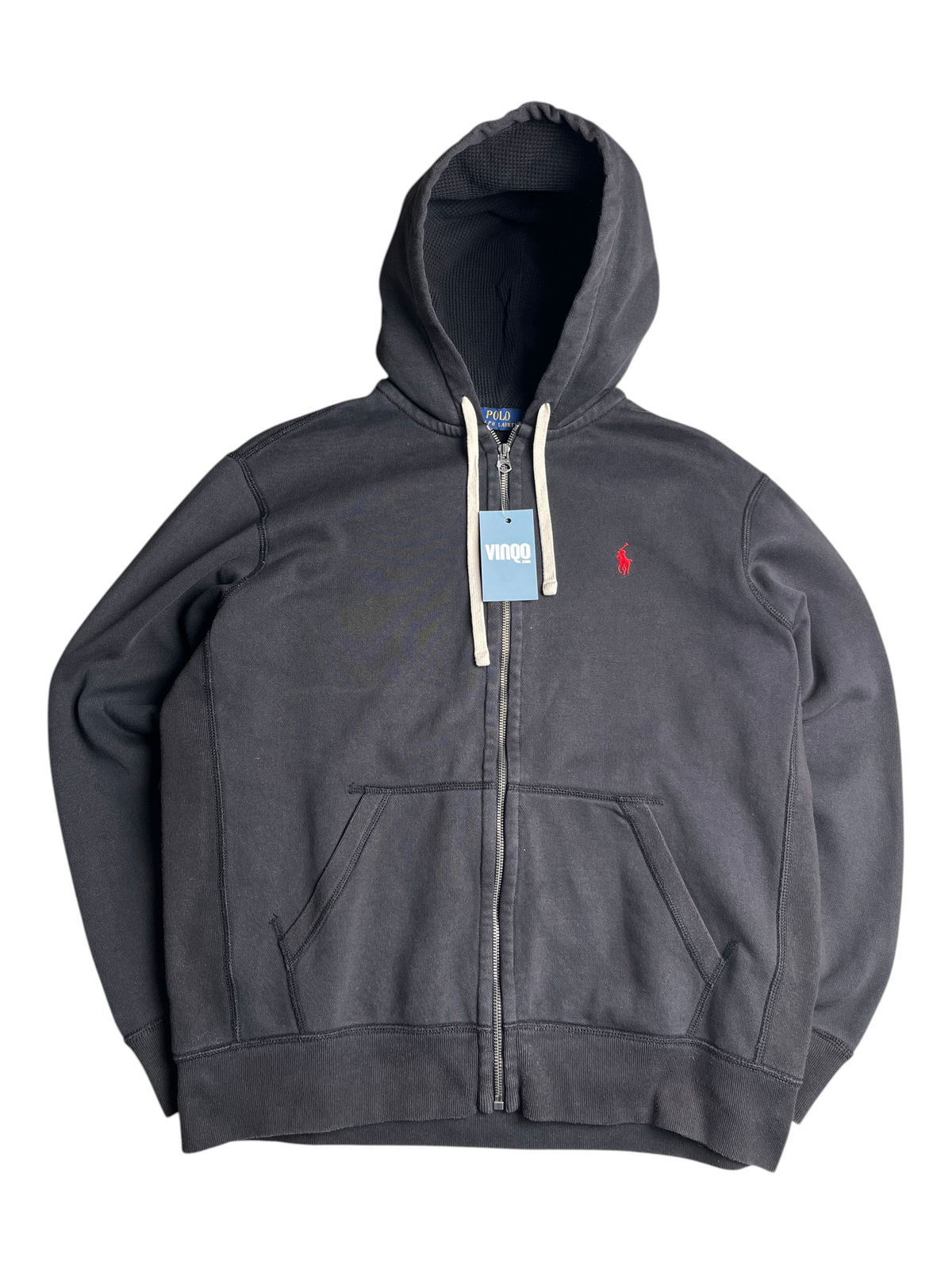 Sweat à capuche zippé noir Ralph Lauren avec logo rouge brodé, proposé par vinqo.store, taille L