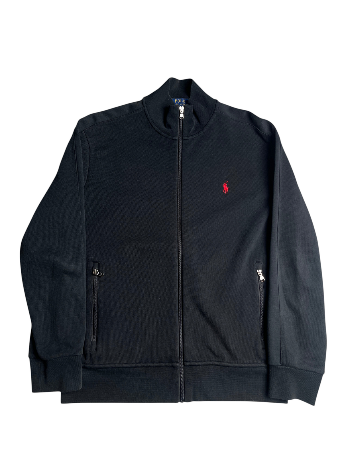 Veste zippée noire vinqo.store Ralph Lauren avec logo rouge brodé et col montant, taille M
