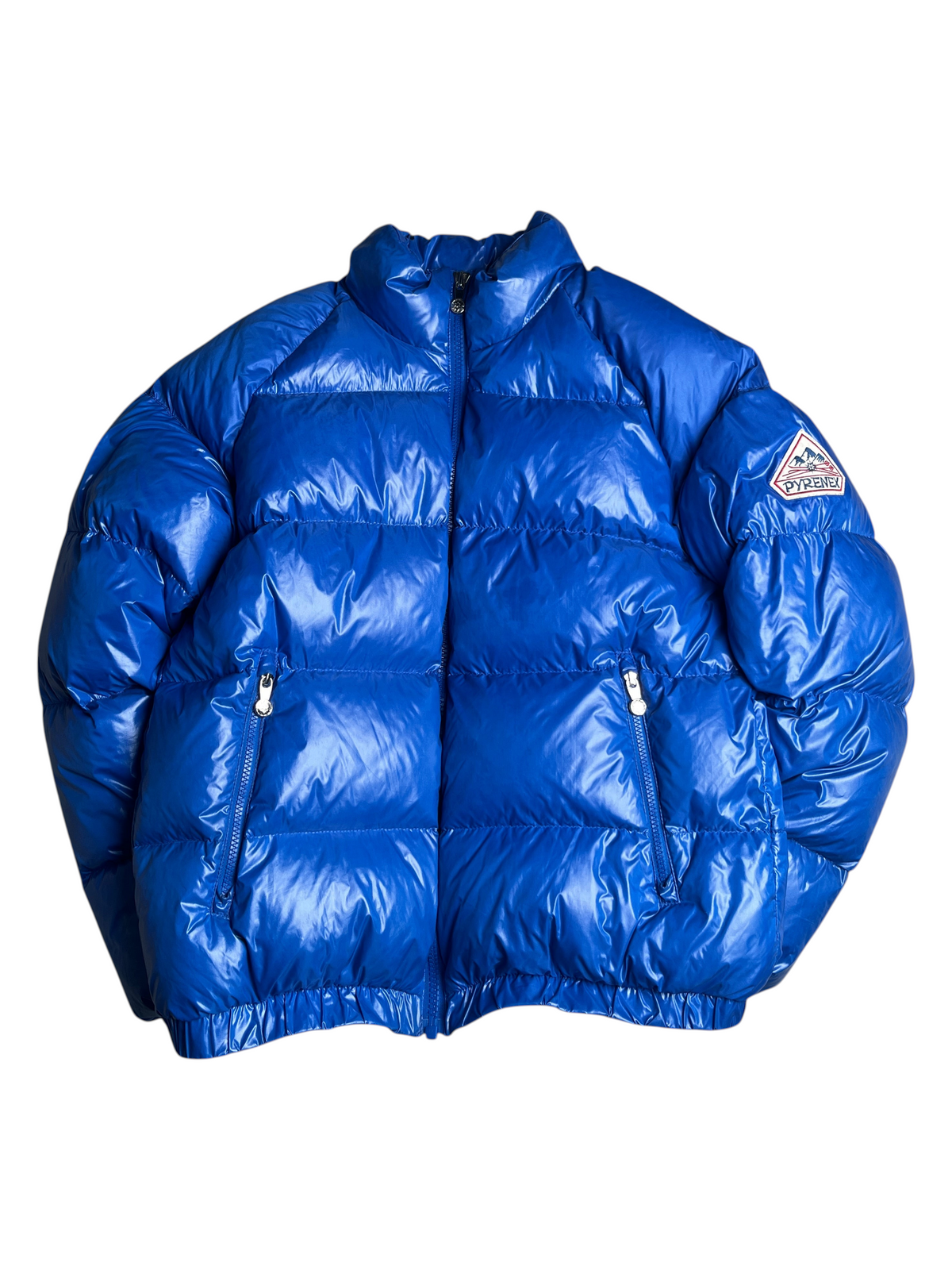 Doudoune vintage vinqo.store Pyrenex bleue brillante avec logo sur la manche, coupe matelassée, taille L