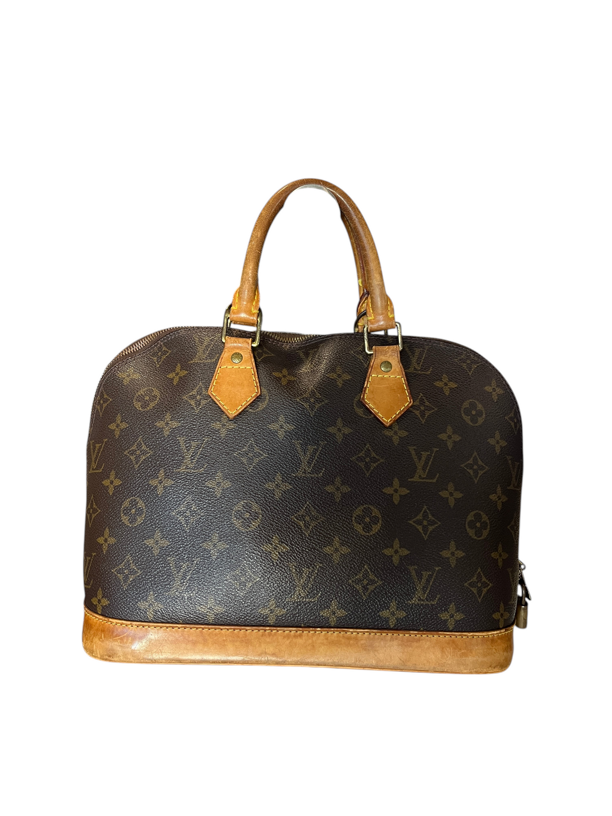 Sac à main vinqo.store Louis Vuitton Alma en toile monogram marron avec anses et base en cuir naturel patiné