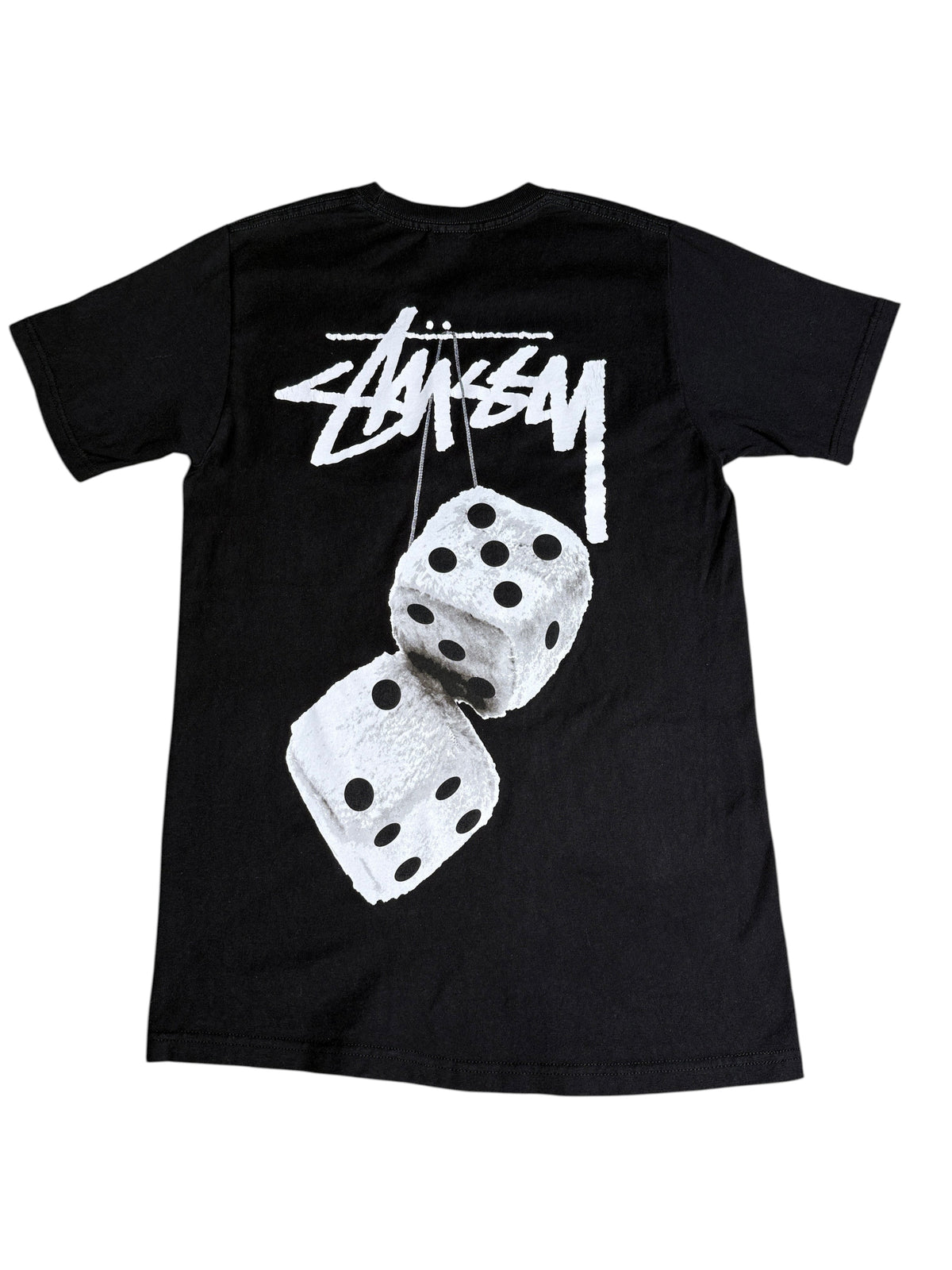 T-shirt noir Stussy vinqo.store avec imprimé graphique de dés blancs sur le dos, coupe classique en taille S