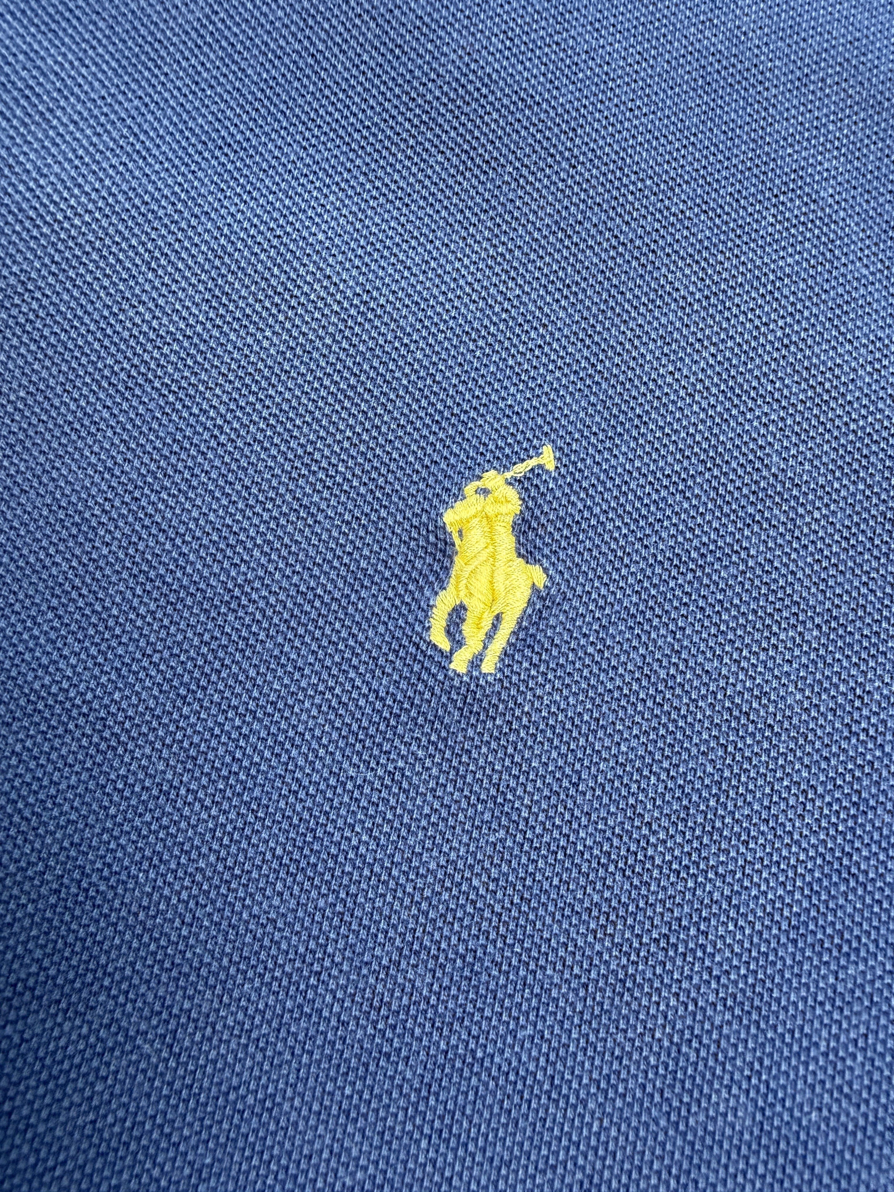 vinqo.store blue cotton polo shirt with yellow embroidered polo player logo on chest, size L.